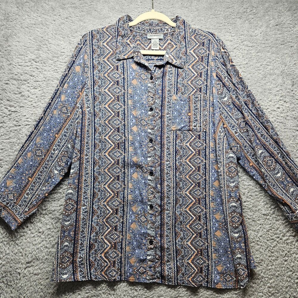 Catherines Womens Blue Floral Western Button Up Blouse Size 1X Cotton